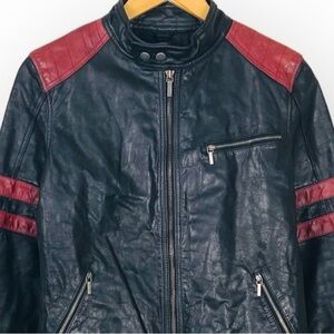 Black Rivet Genuine Leather Moto Biker Jacket with Red Stripes size Large